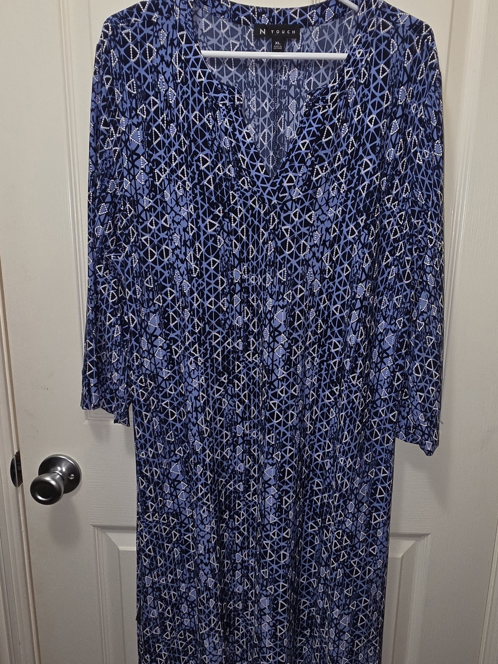 N Touch Blue Geometric Maxi Dress with V-Neck. 95% Polyester 5% Spandex